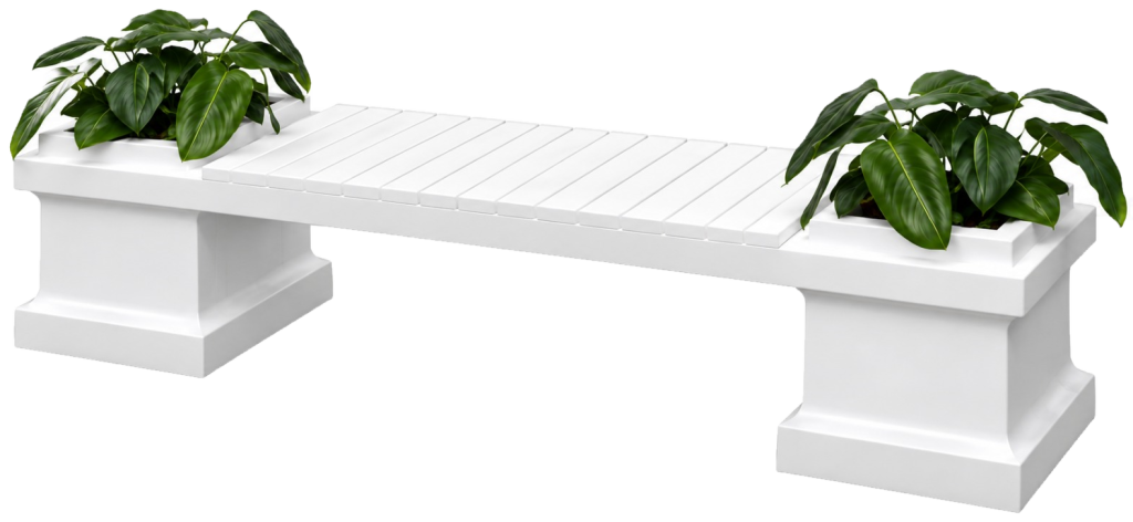 Bancă albă cu 2 jardiniere